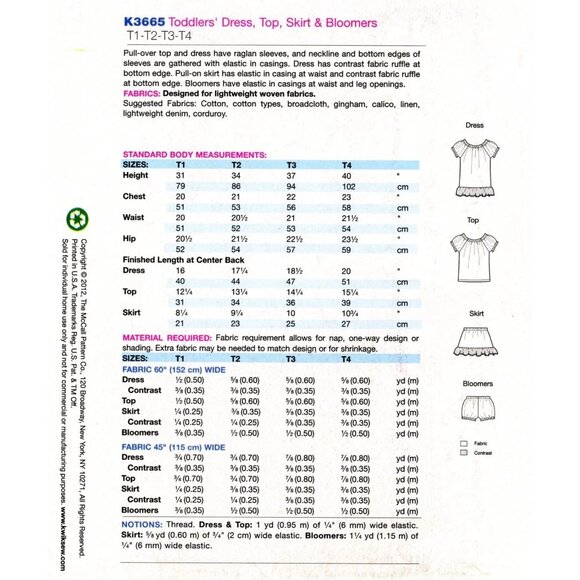 Kwik Sew K3665 Toddlers Dress Top Skirt & Bloomers Sewing Pattern T1-T4 Sizes - Picture 2 of 2